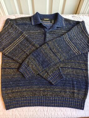 Vintage 90s Bachrach Italian Wool Blend Geometric Knit Sweater Blue Grandpa Core